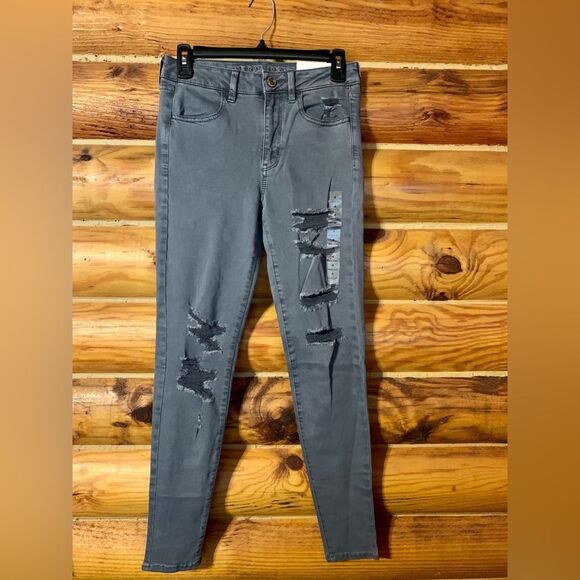 American Eagle Distressed Ripped Gray Twill High Rise High Waist Jegging… - Picture 1 of 12